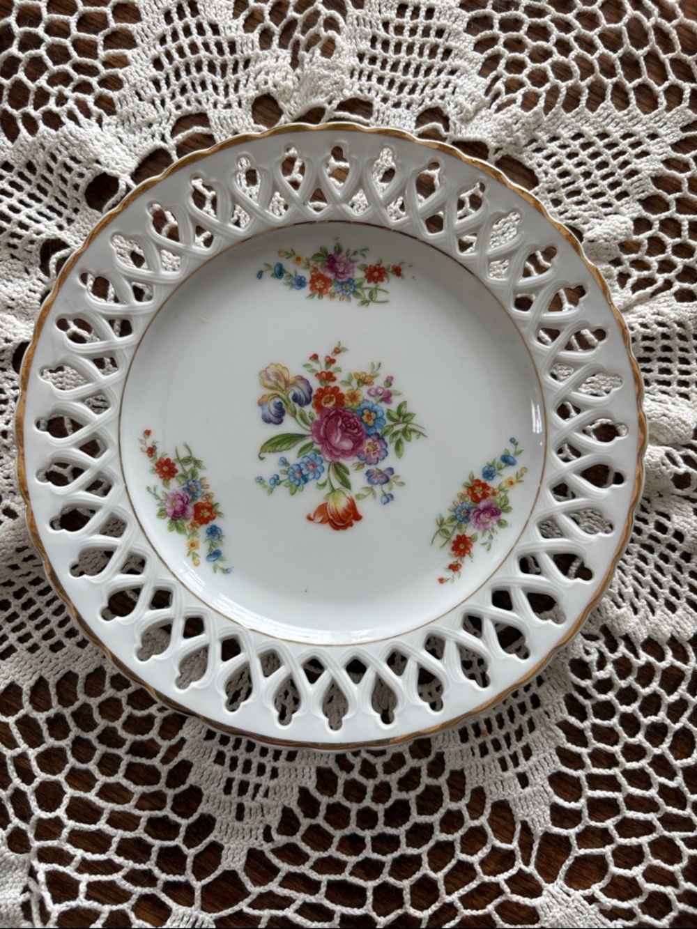 Porcelain Floral Pierced Decorative Plate in White with Multicolor Bouquet